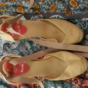 Christian Louboutin Espadrille Wedge with ballet lace-up ribbon, 5 inch wedge.